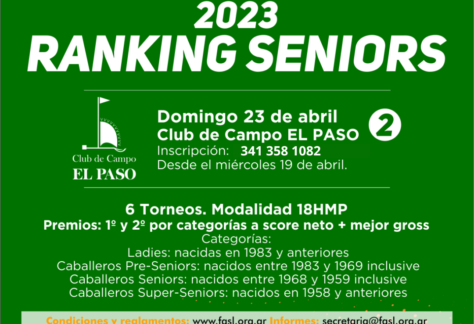 Ranking Seniors 23: la segunda etapa viaja a CC El Paso, el domingo 23 de abril